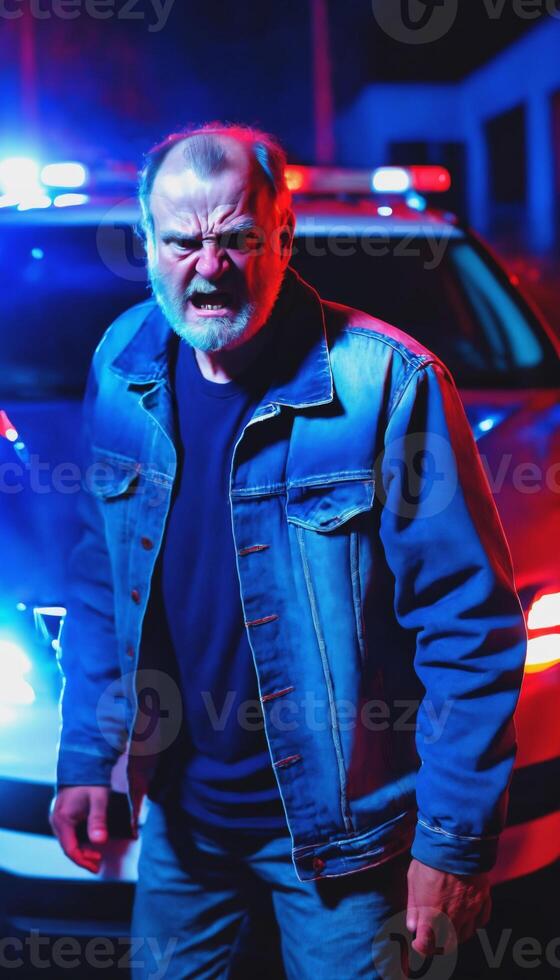 photo of portrait close up view of criminal suspect in crime scene standing in front of police car at night and red blue light,