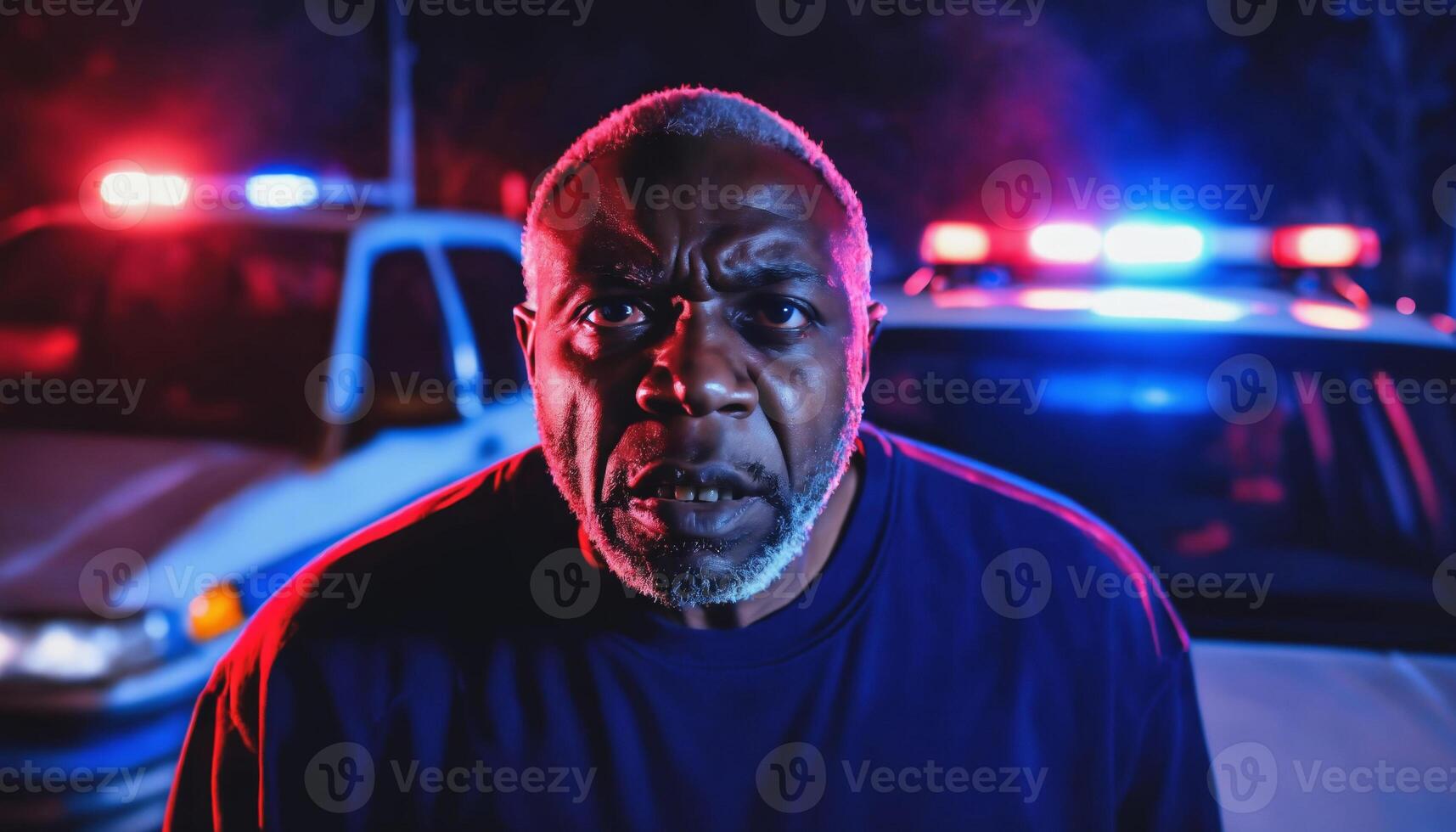 photo of portrait close up view of criminal suspect in crime scene standing in front of police car at night and red blue light,