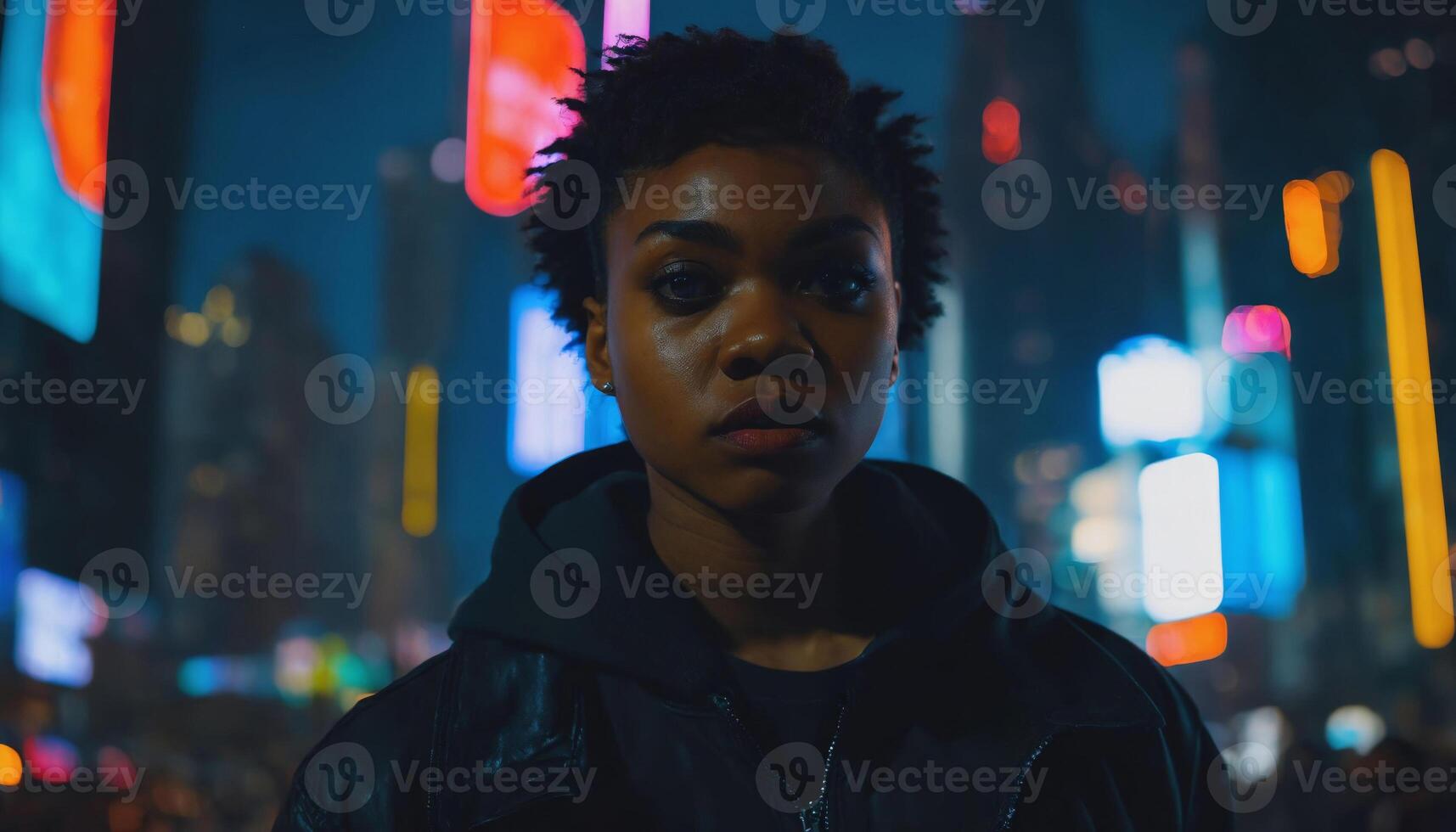 photo of beautiful adult african woman with hood coat standing posing for picture at night future city,