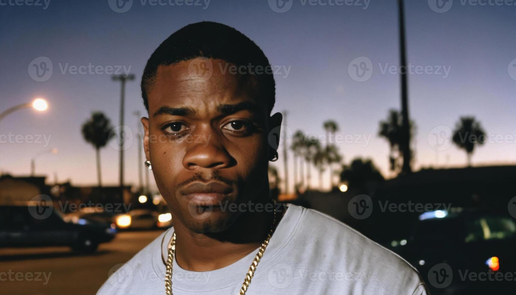 photo of angry black person man in neighborhood at night ,