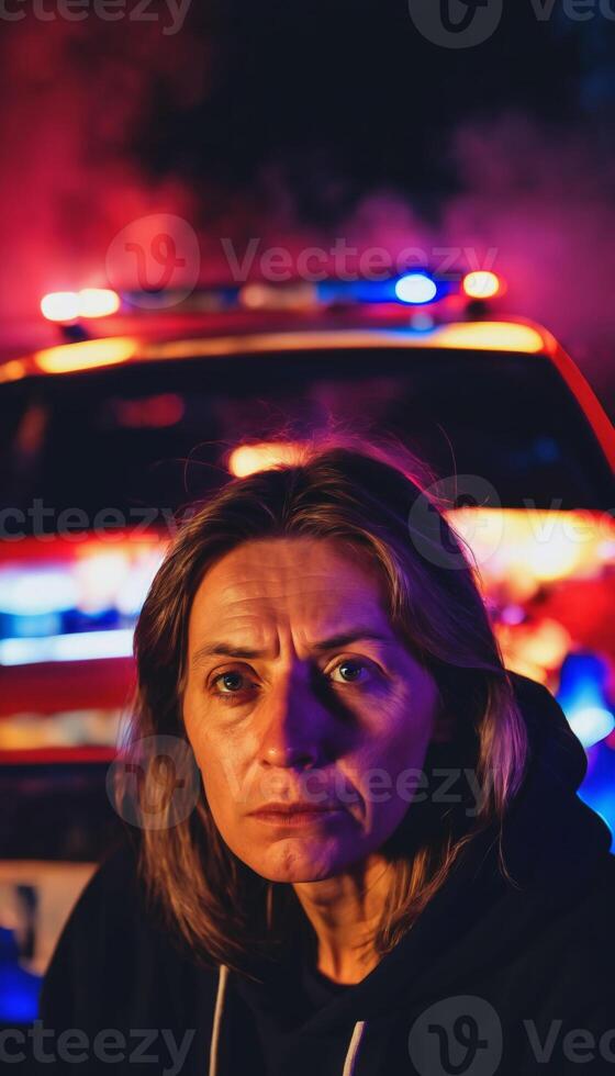 photo of portrait close up view of criminal suspect in crime scene standing in front of police car at night and red blue light,