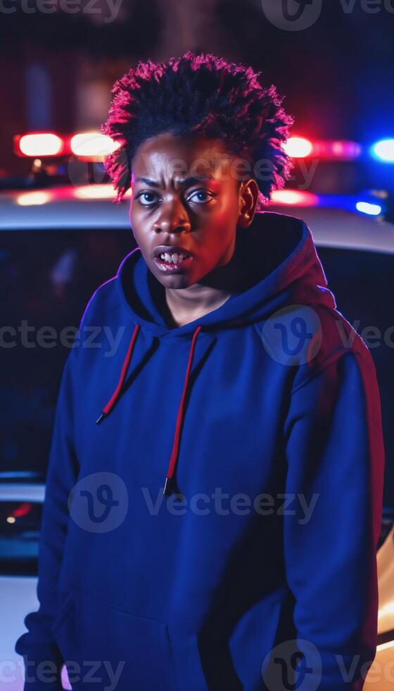 photo of portrait close up view of criminal suspect in crime scene standing in front of police car at night and red blue light,