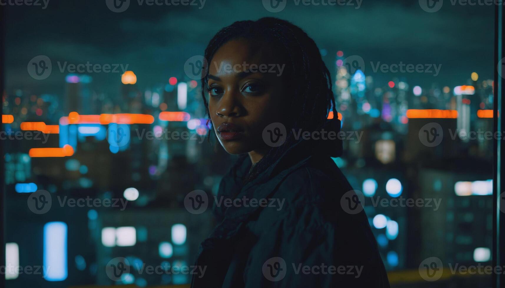photo of beautiful adult african woman standing posing for picture at night future city in background,