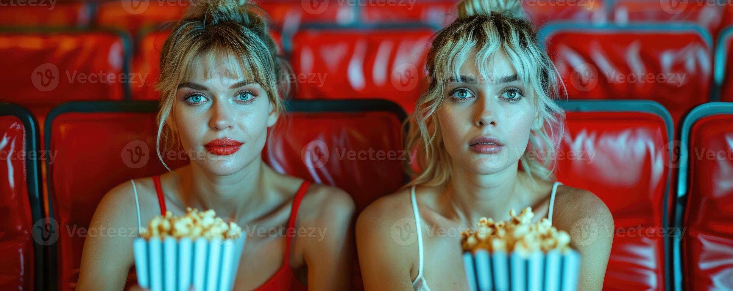 two women watching movie in cinema, eating popcorn. photo