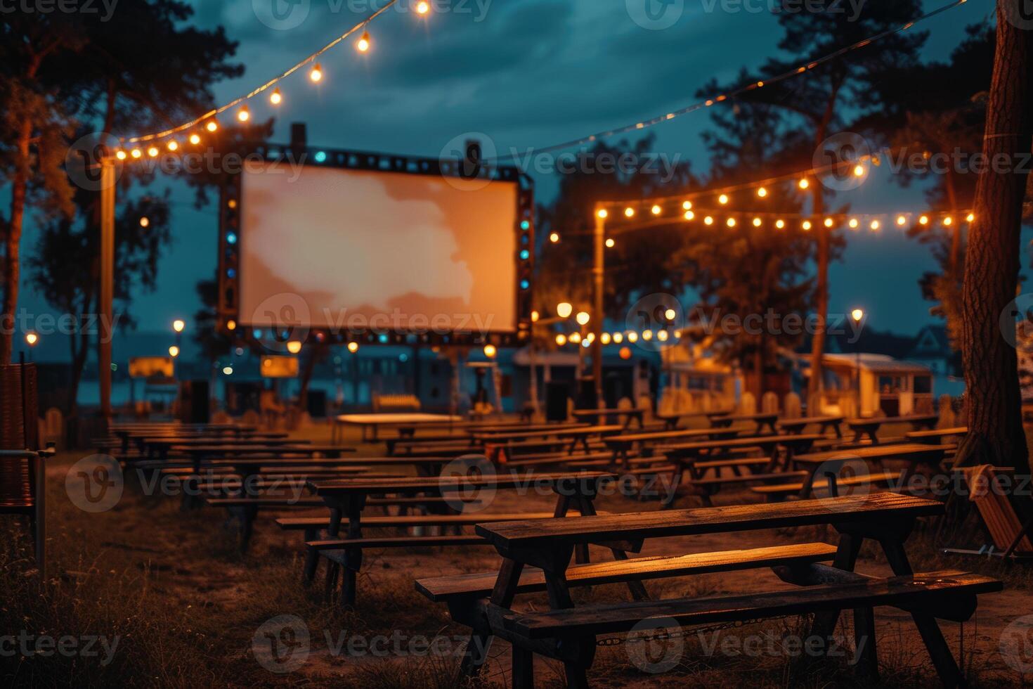 blank white screen outdoors in green grass park. outdoor cinema, big screen show. photo