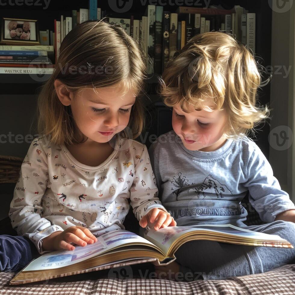 Cute children reading a book and smiling while sitting on a sofa in the room. photo