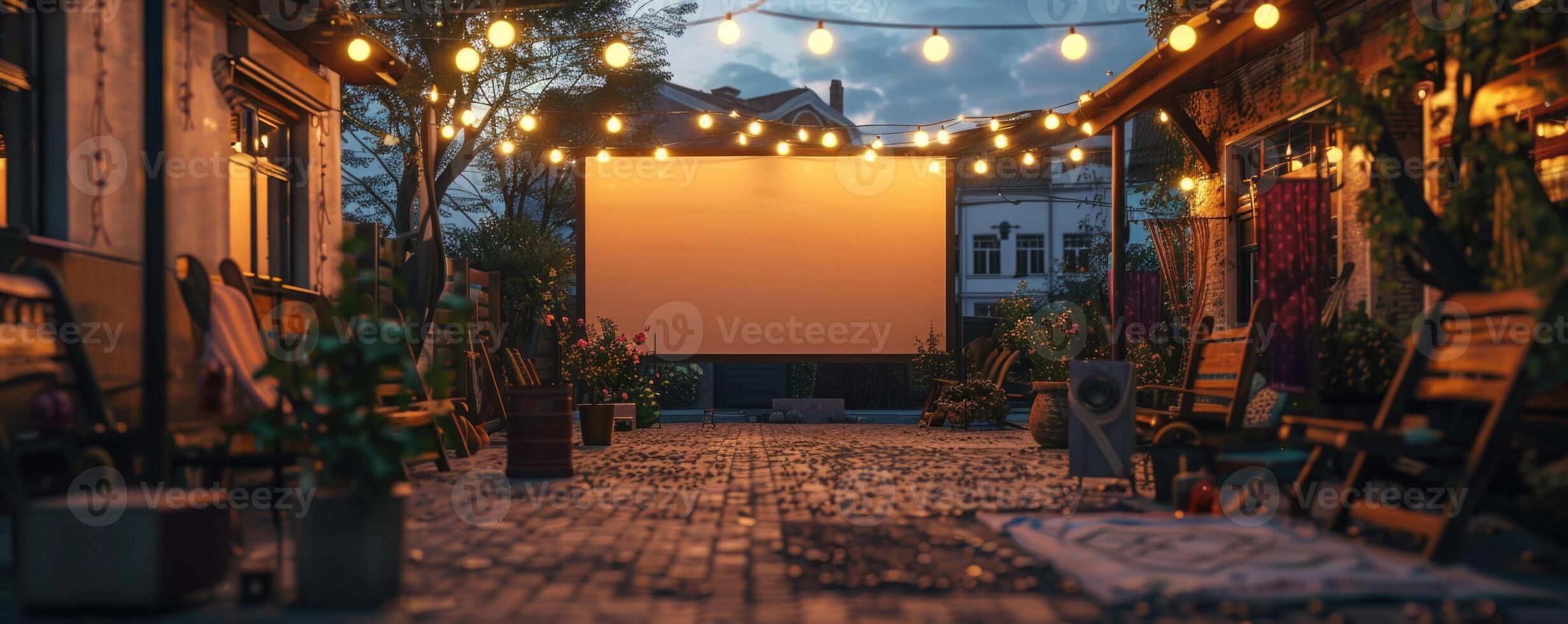 blank white screen outdoors in green grass park. outdoor cinema, big screen show. photo