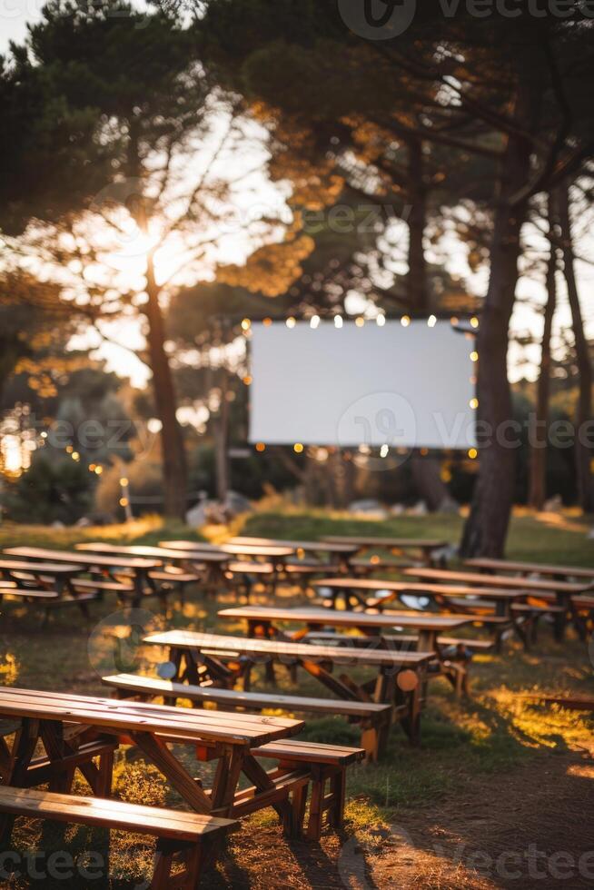 blank white screen outdoors in green grass park. outdoor cinema, big screen show. photo
