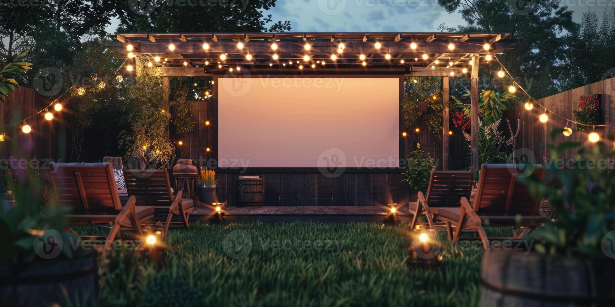 blank white screen outdoors in green grass park. outdoor cinema, big screen show. photo