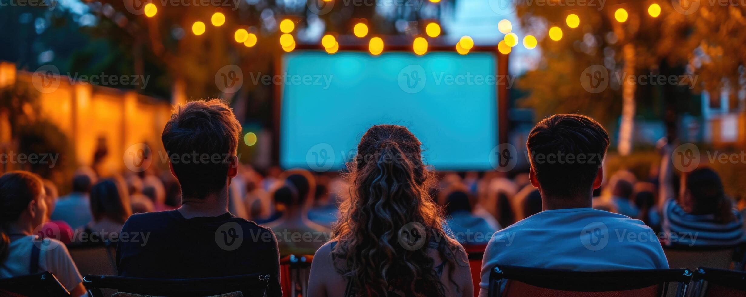 people watching outdoor cinema, big screen show. view from behind. photo