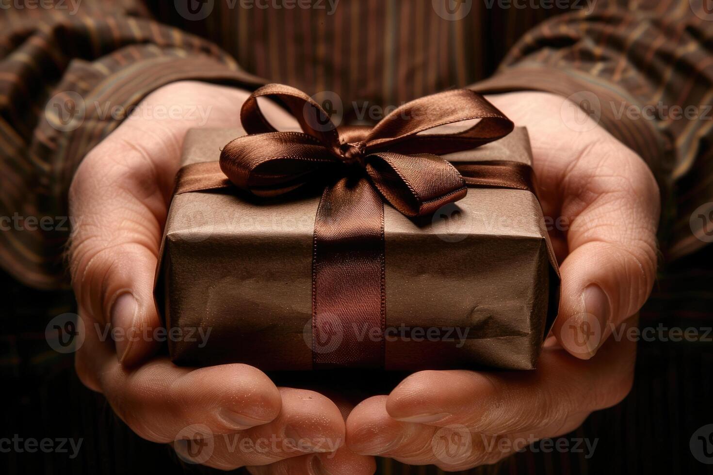 male hands holding gift with brown ribbon. photo