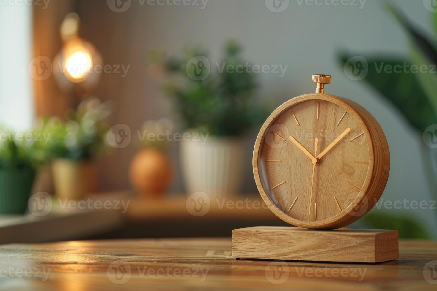 modern alarm clock and houseplant on bedside table. photo
