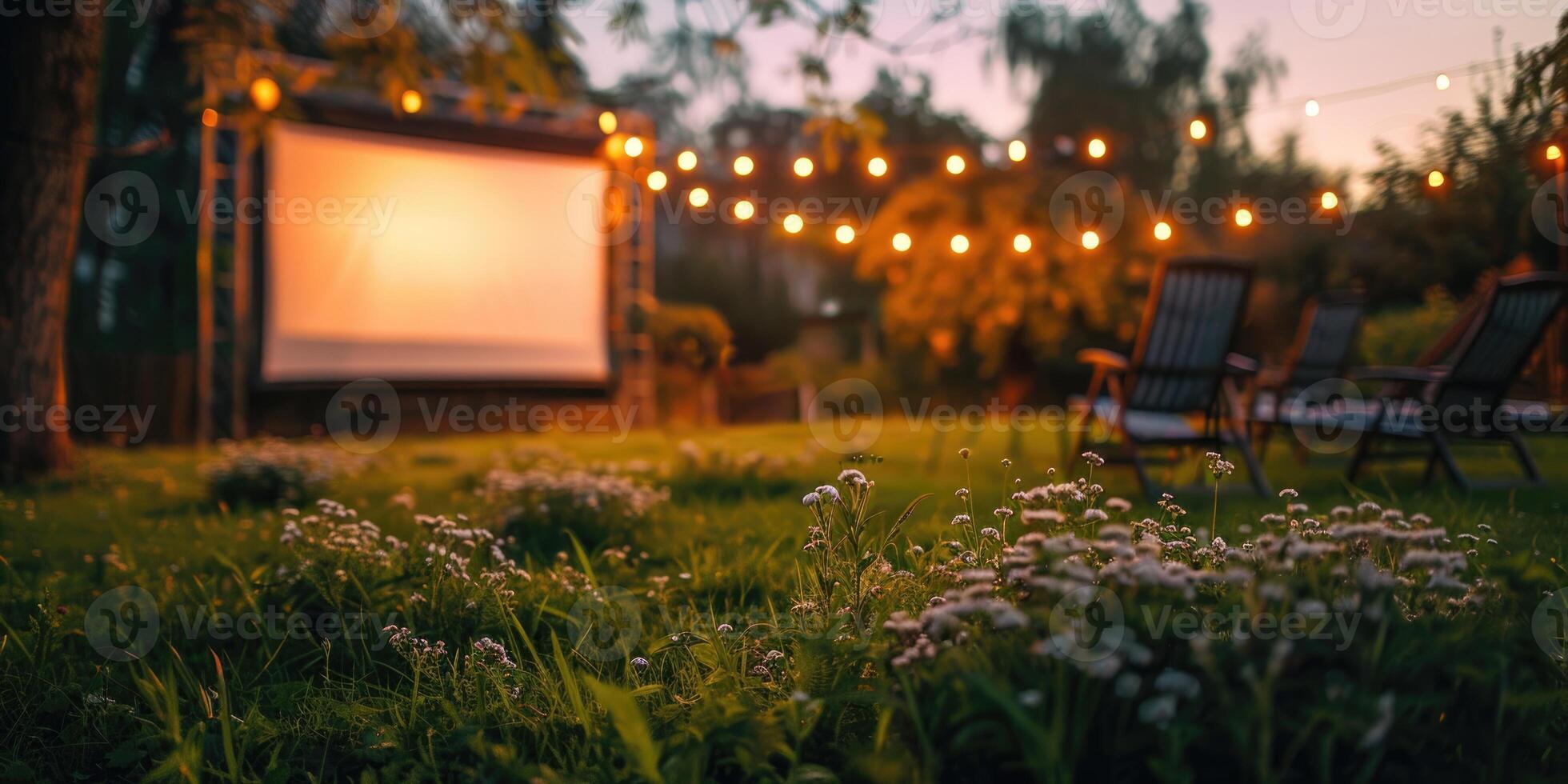 blurred blank white screen outdoors in grass park. outdoor cinema, big screen show, focus on foreground. photo