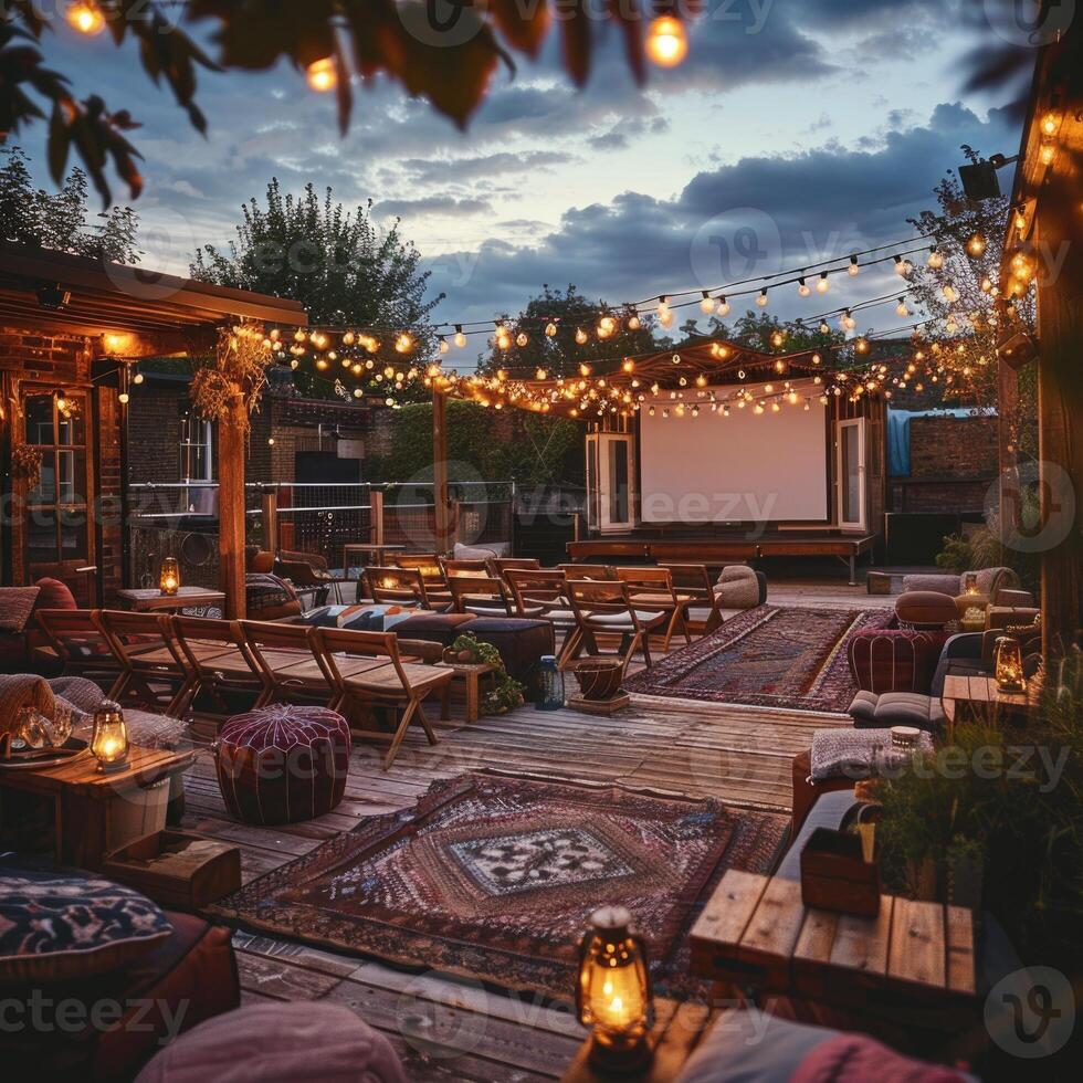blank white screen outdoors in green grass park. outdoor cinema, big screen show. photo