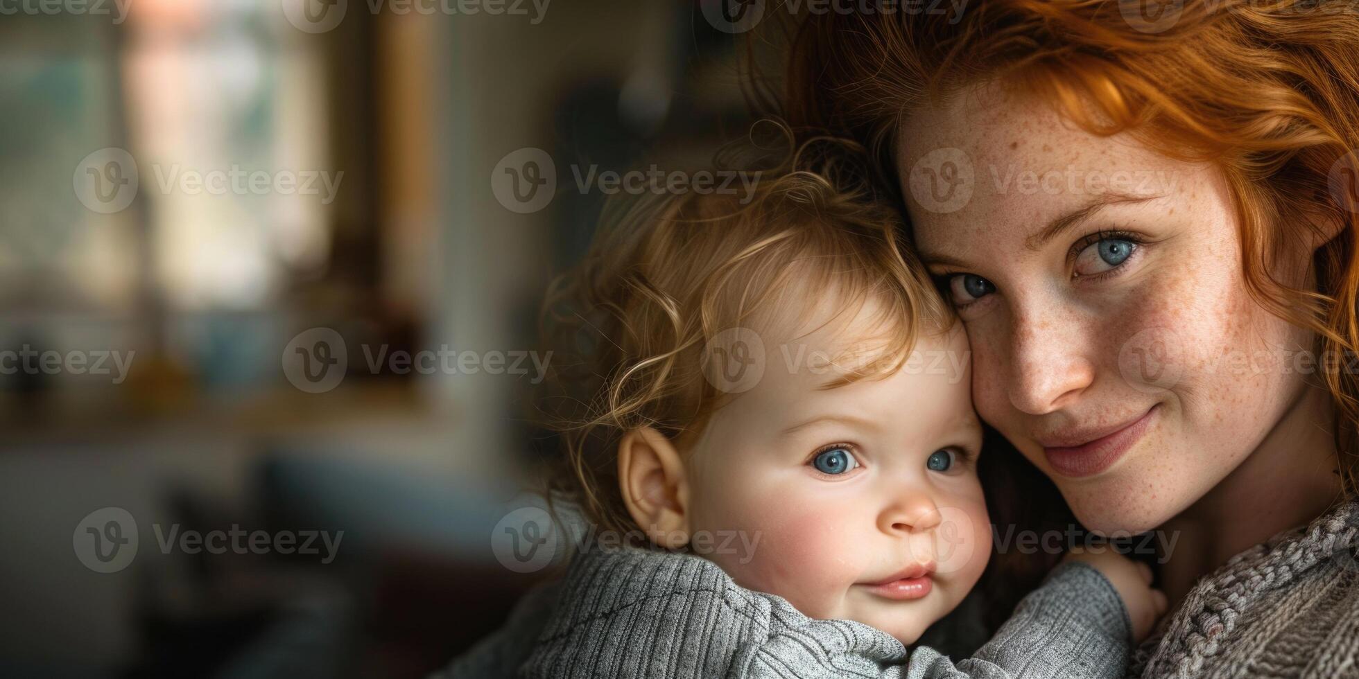 Happy young redhead mom hold in hands baby. photo