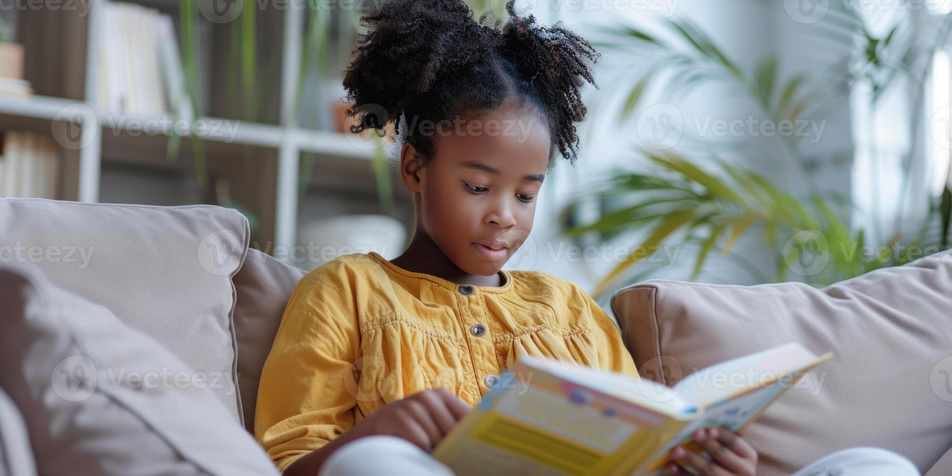 Cute girl in casual clothes reading a book while sitting on a sofa in the room. photo