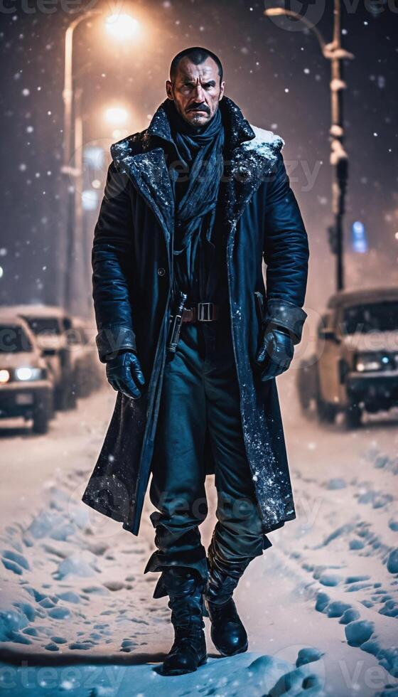 photo of adult Slavic man as spy agent standing posing for picture at winter night,