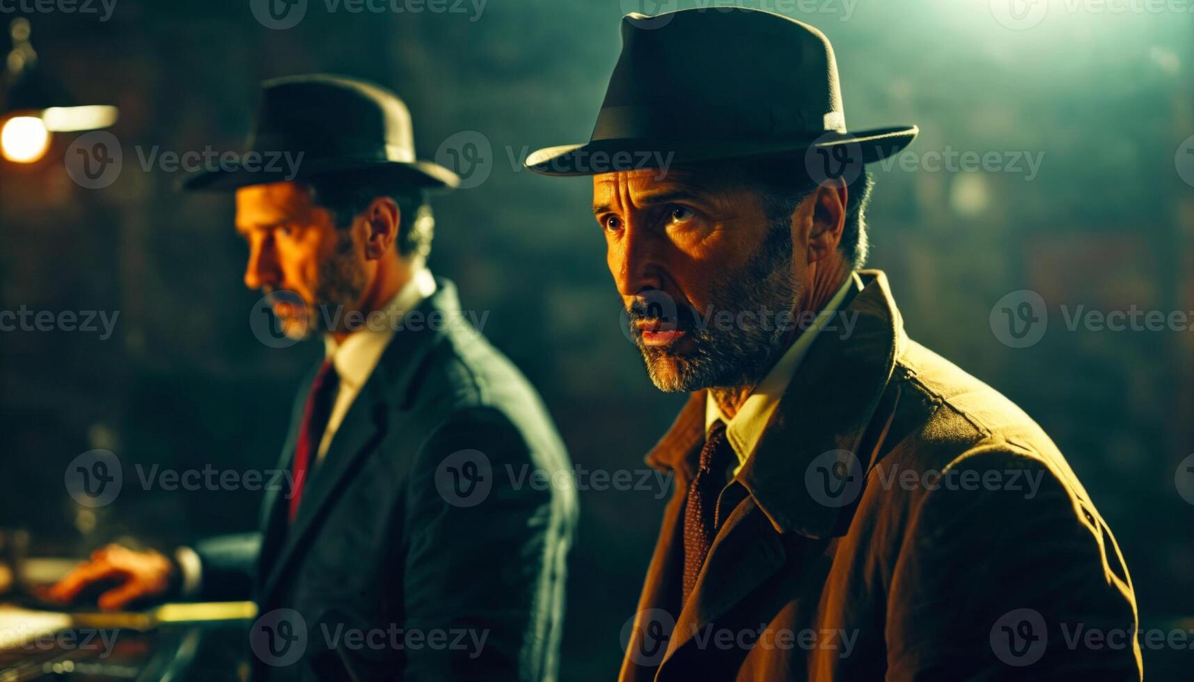 photo of portrait close up view of serious detective man is under investigation at the scene,