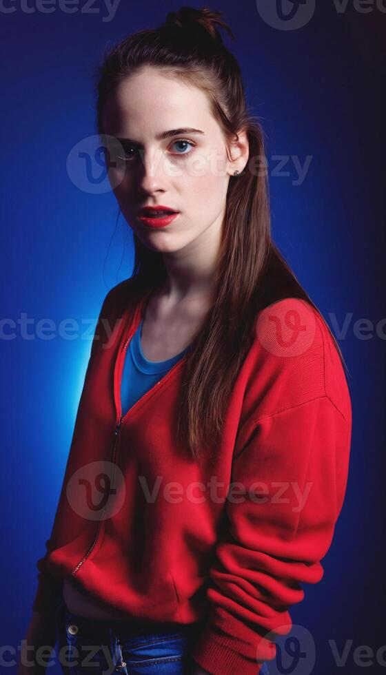 photo of beautiful european woman standing pose with colorful red and blue abstract light ,