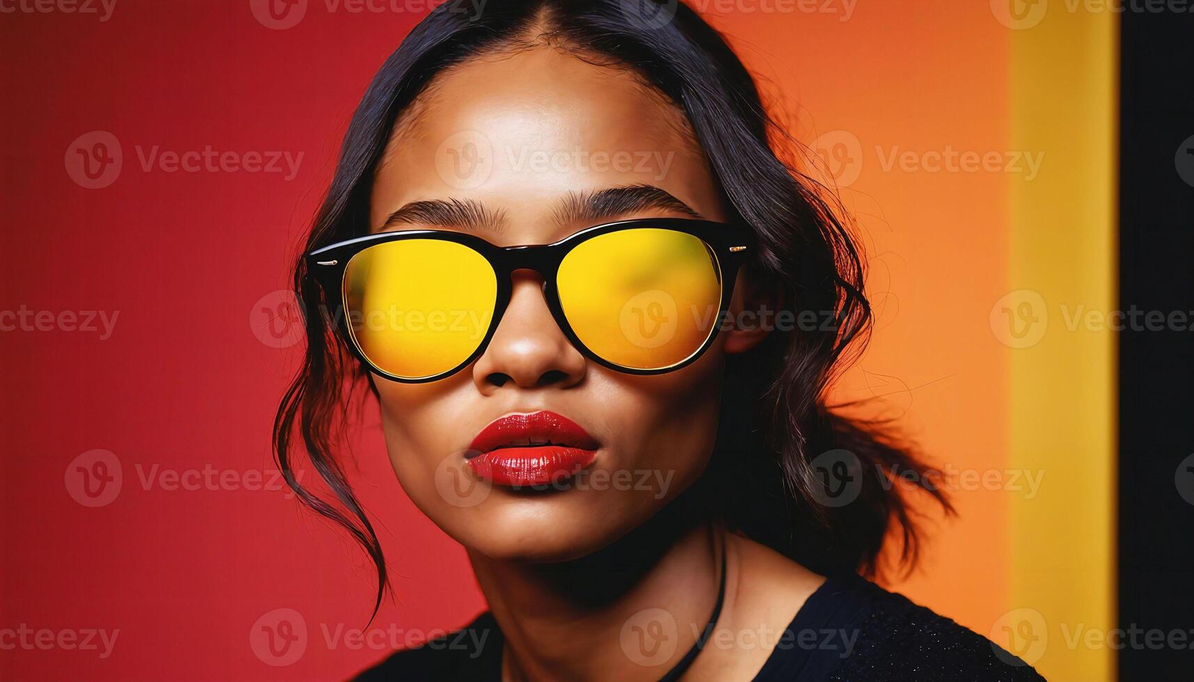 photo of beautiful african woman with style sunglasses standing against red and yellow background,