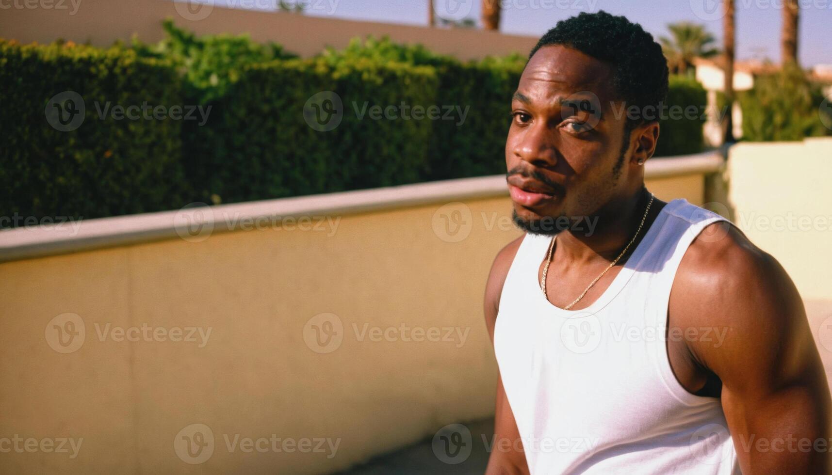 photo of black person man with white tank top in neighborhood ,