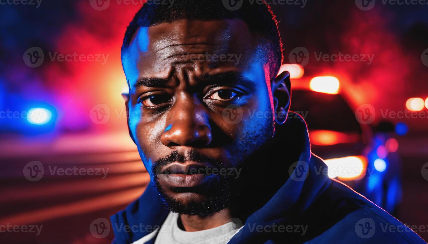 photo of portrait close up view of criminal suspect in crime scene standing in front of police car at night and red blue light,