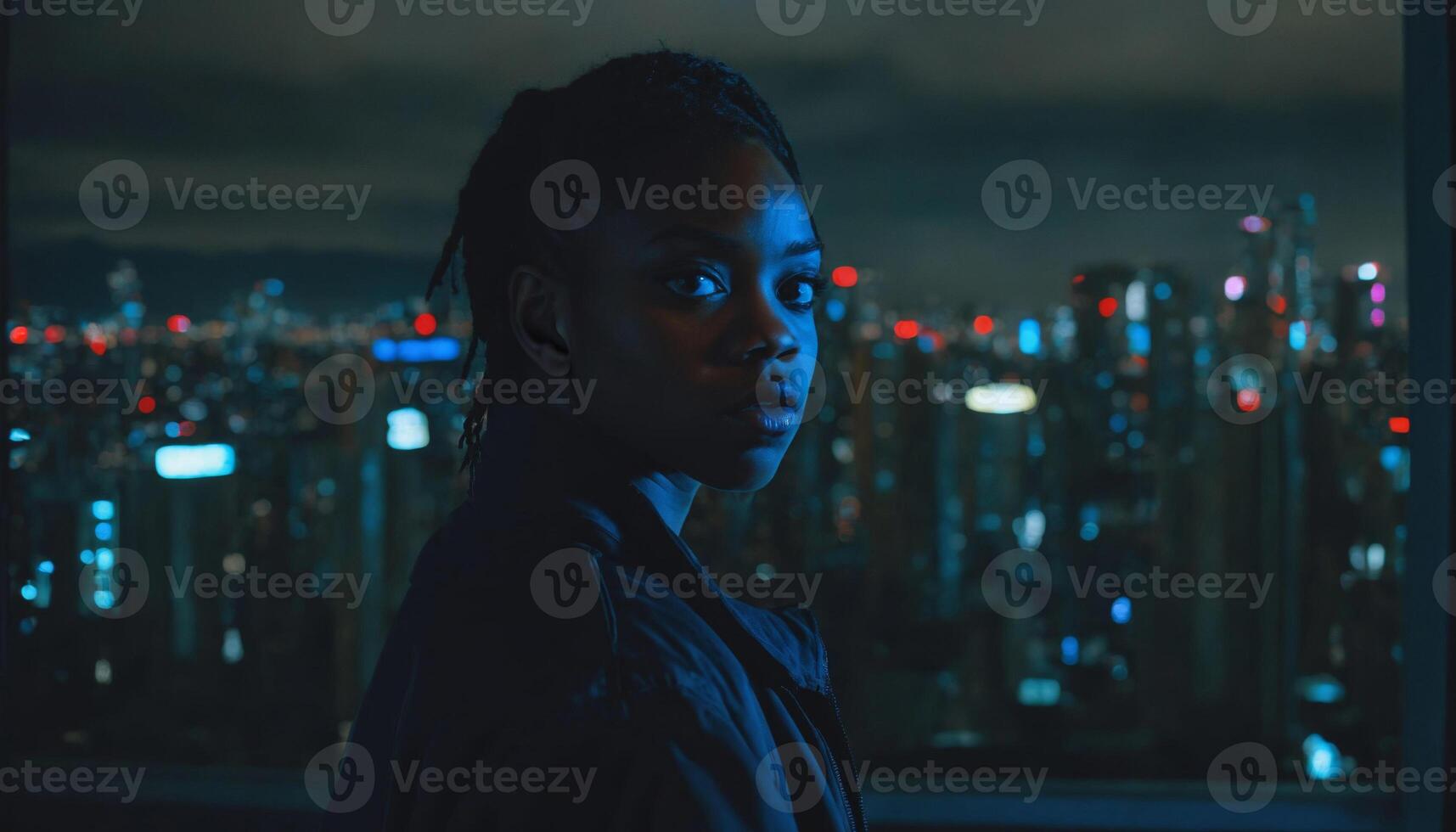 photo of beautiful adult african woman standing posing for picture at night future city in background,
