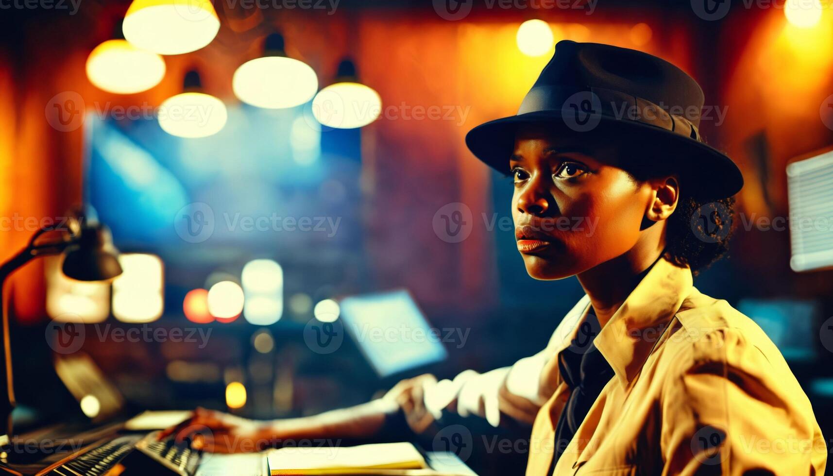 photo of portrait close up view of serious detective african woman is under investigation at the scene,