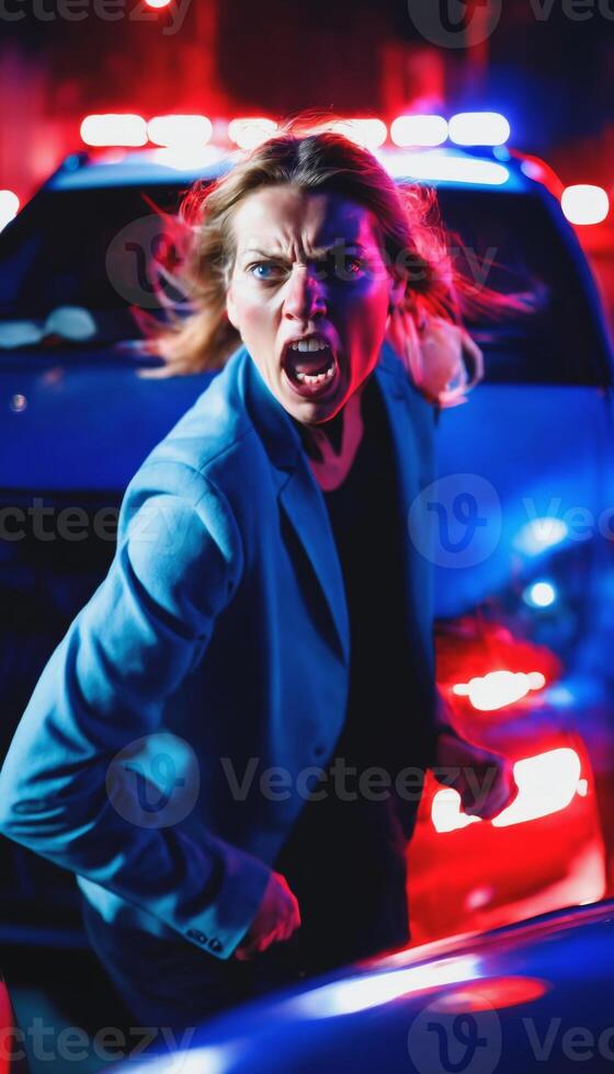 photo of portrait close up view of criminal suspect in crime scene standing in front of police car at night and red blue light,