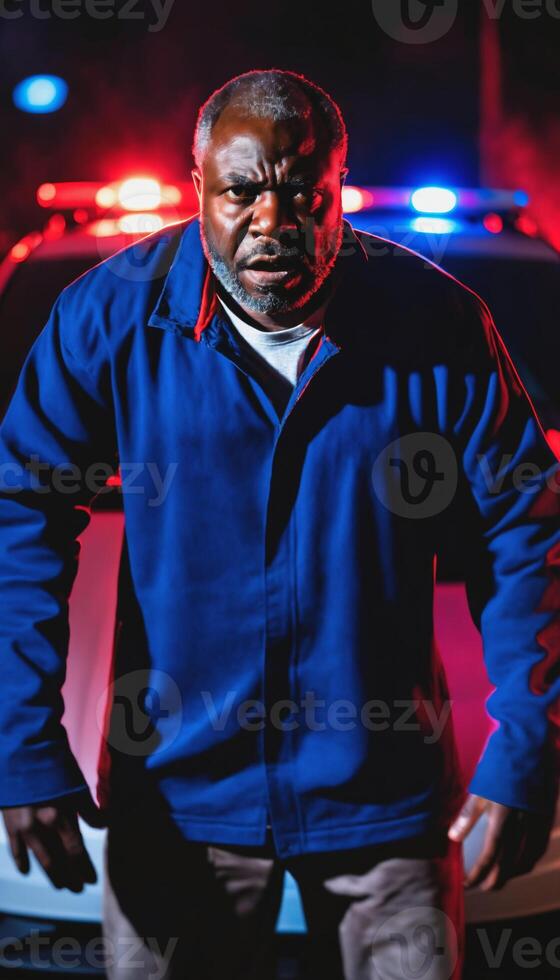 photo of portrait close up view of criminal suspect in crime scene standing in front of police car at night and red blue light,