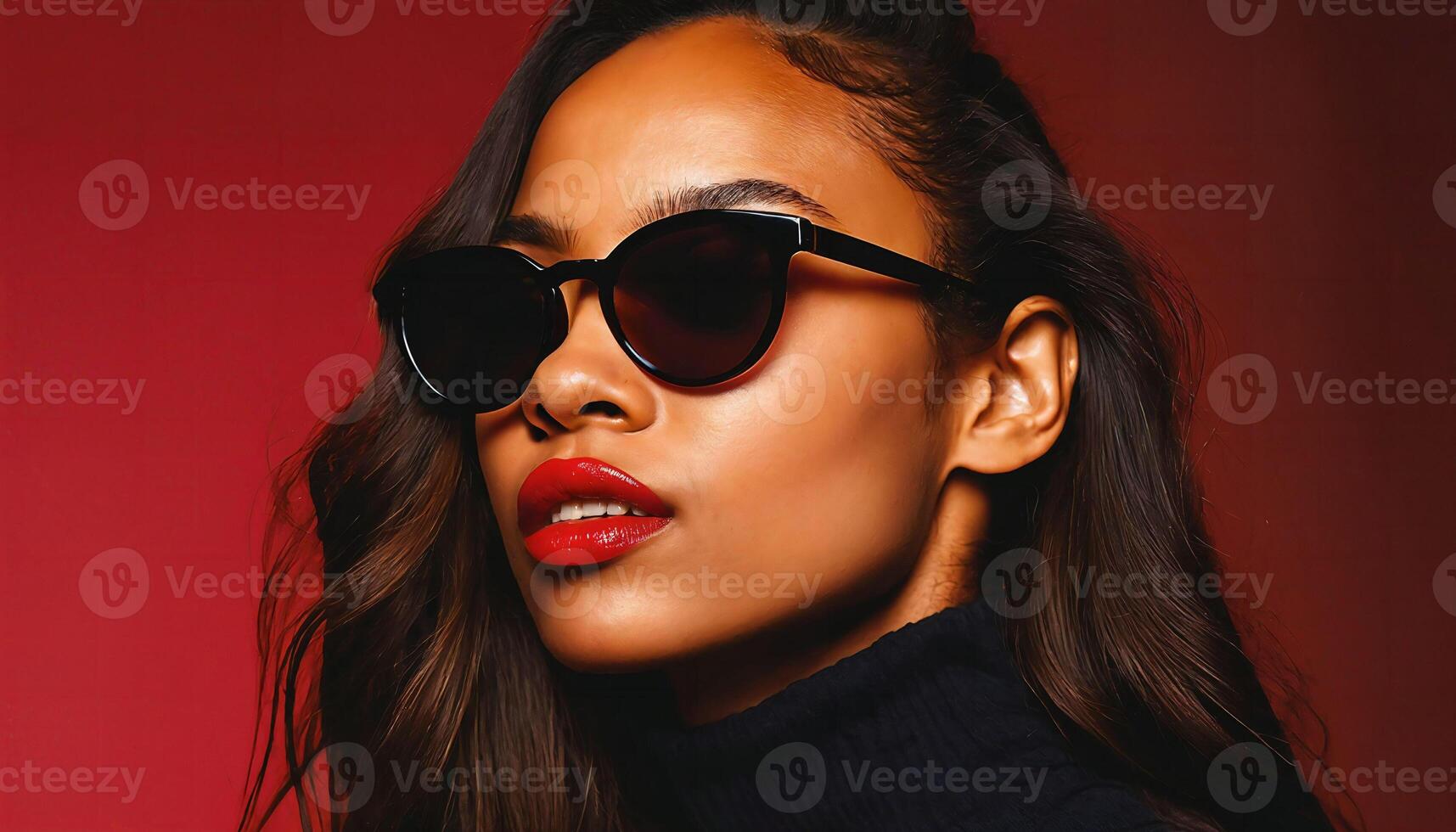 photo of beautiful african woman with style sunglasses standing against red and yellow background,
