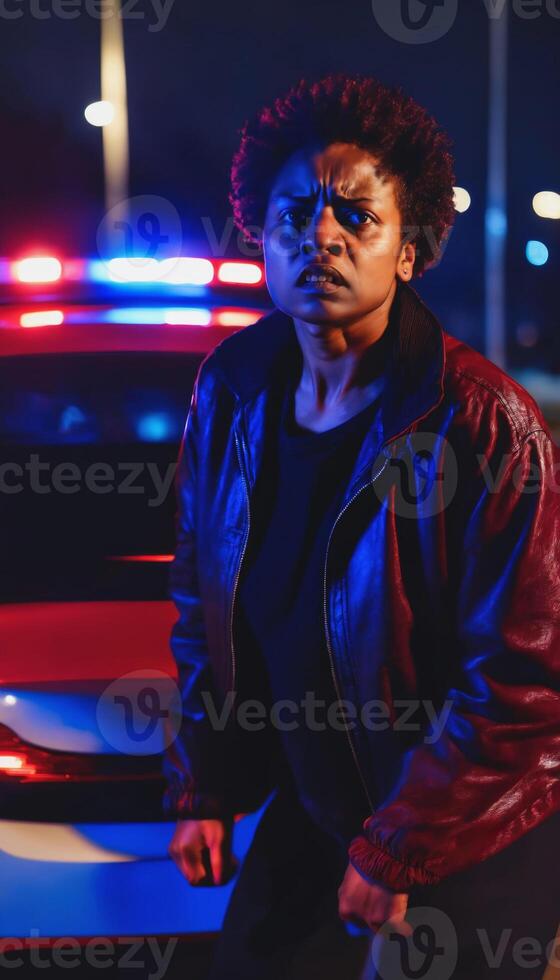 photo of portrait close up view of criminal suspect in crime scene standing in front of police car at night and red blue light,