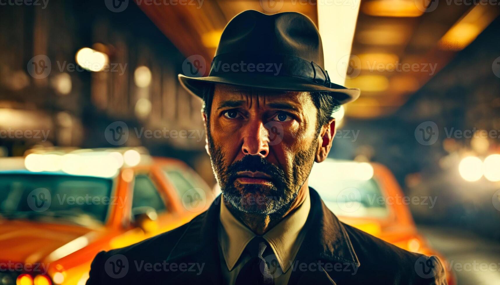 photo of portrait close up view of serious detective man is under investigation at the scene,