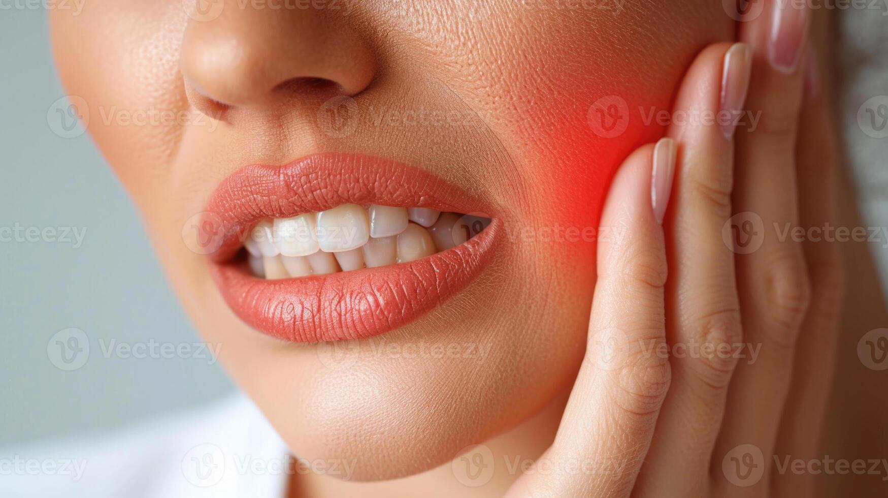 A woman holds her cheek while suffering from a toothache, depicting the discomfort and pain experienced during dental issues, emphasizing the need for oral health care and treatment photo