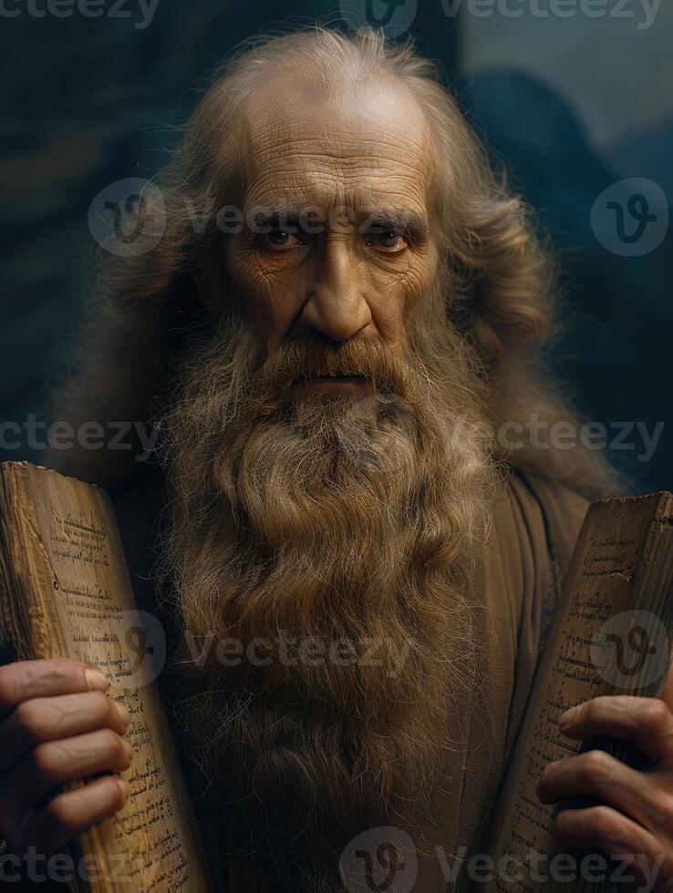 God gave Moses the Ten Commandments on Mount Sinai, a pivotal moment in biblical history, divine revelation and moral guidance to Moses for the human spiritual journey. photo