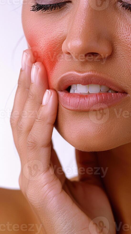 A woman holds her cheek while suffering from a toothache, depicting the discomfort and pain experienced during dental issues, emphasizing the need for oral health care and treatment photo