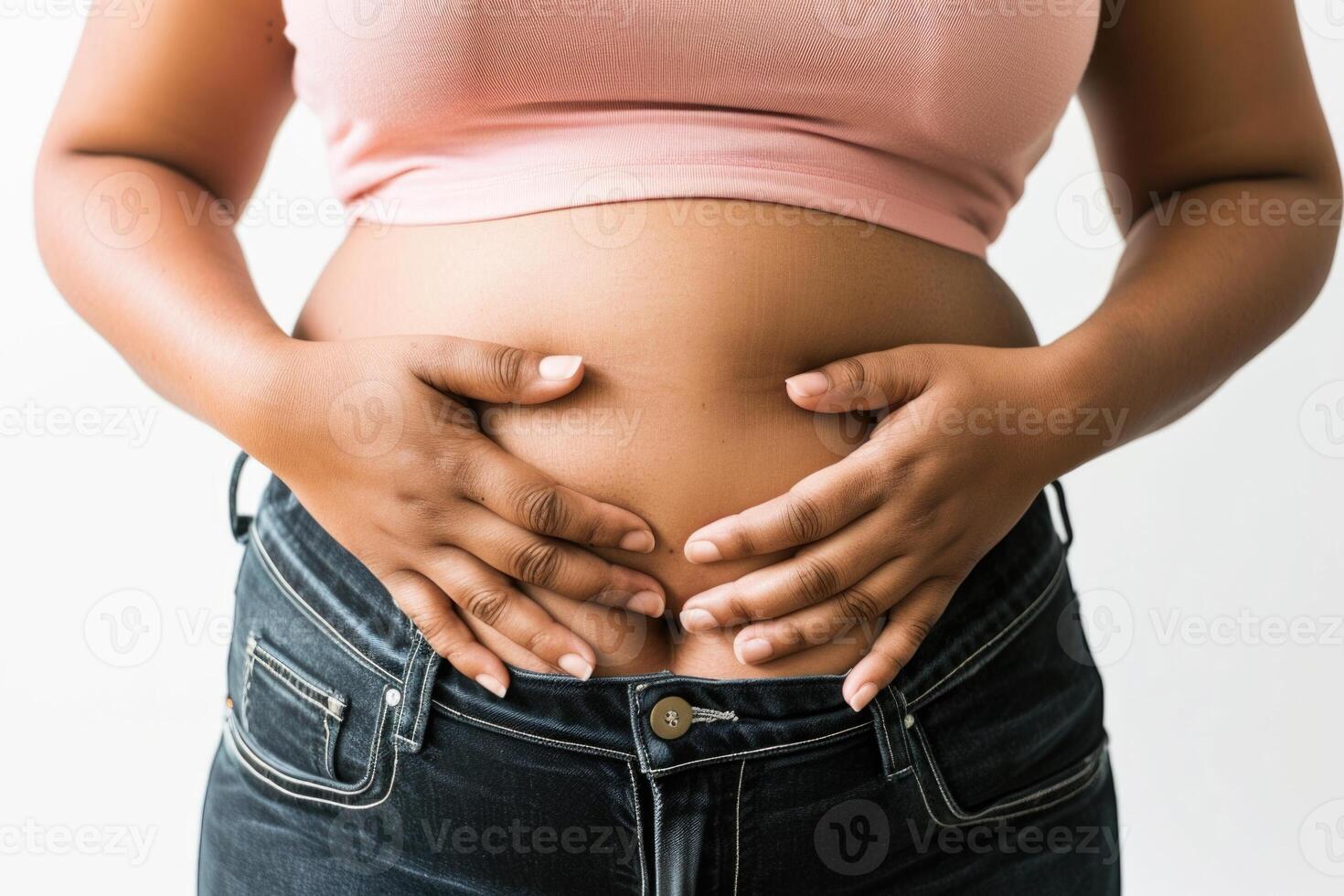 Belly bulge - girl with a big belly, fat waist, overweight problem, poor diet, fast food - consequences of excessive weight gain, unhealthy eating habits, advocating for balanced nutrition, wellness. photo