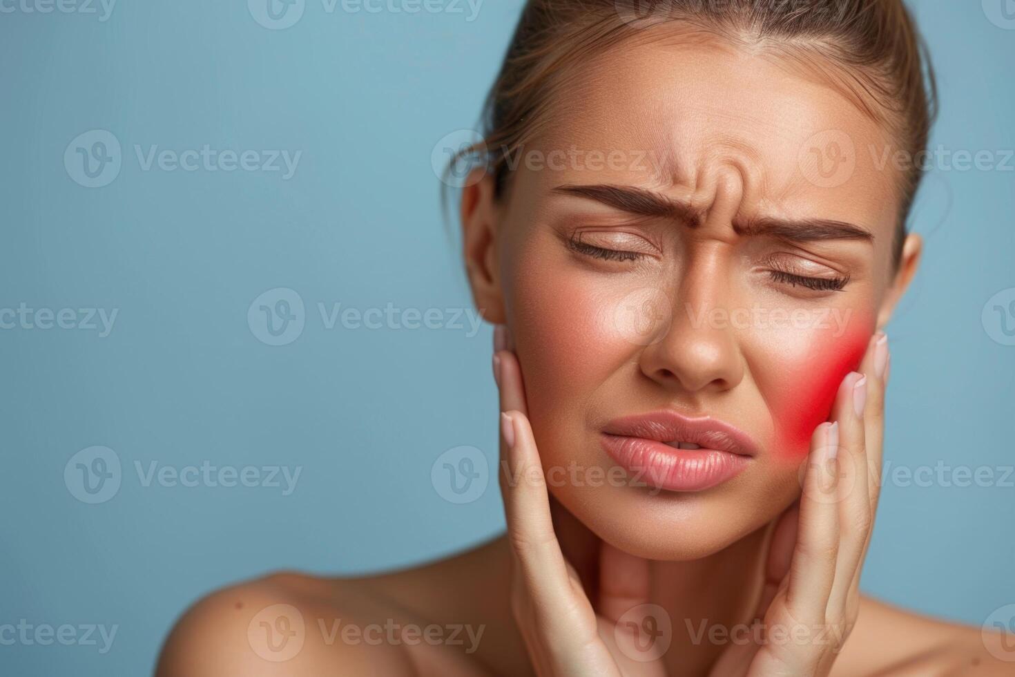 A woman holds her cheek while suffering from a toothache, depicting the discomfort and pain experienced during dental issues, emphasizing the need for oral health care and treatment photo