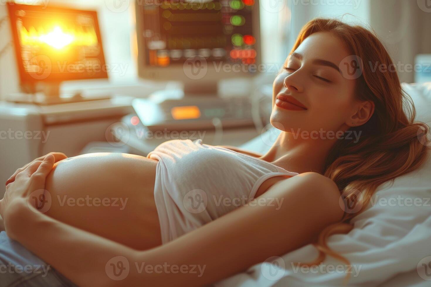 Pregnant woman at the ultrasound, anticipation and joy as expectant mothers experience the magical moment of seeing their baby's image for the first time through ultrasound technology. photo