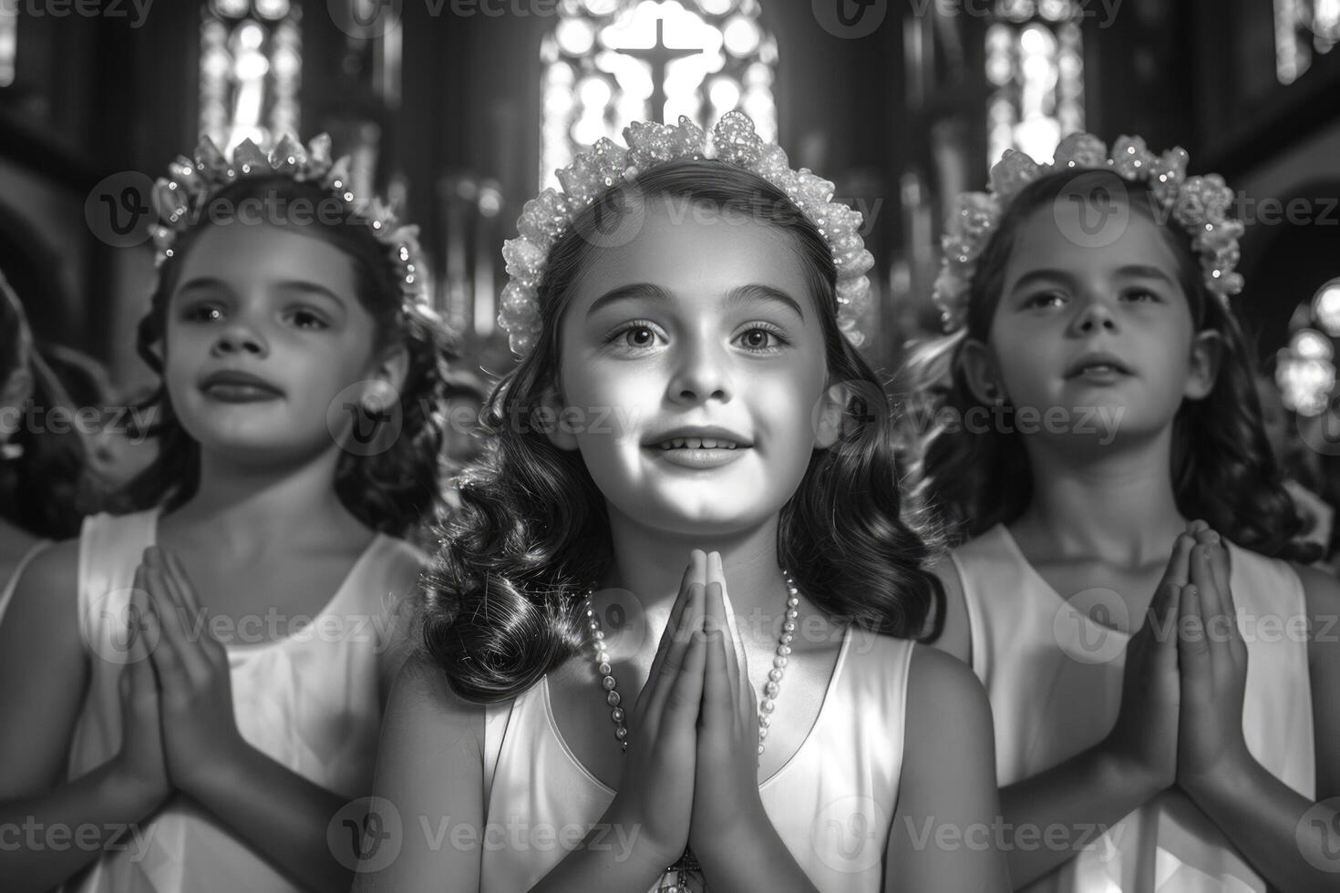 First communion joy - heartwarming moments of young believers in white dresses, celebrating this sacred Christian sacrament with faith, purity, spirit of spiritual growth in memorable church ceremony. photo