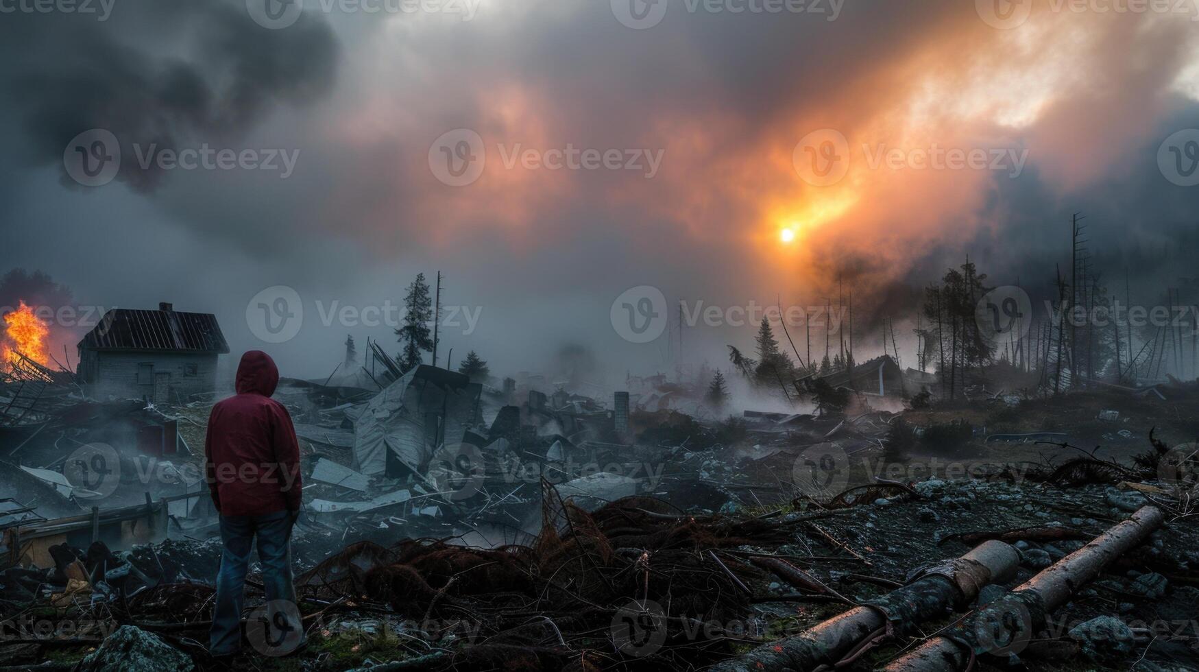 Devastation of a natural disaster, a poignant portrayal capturing emotional impact and destructive force unleashed by nature's fury, evoking a profound sense of loss and resilience in its aftermath. photo