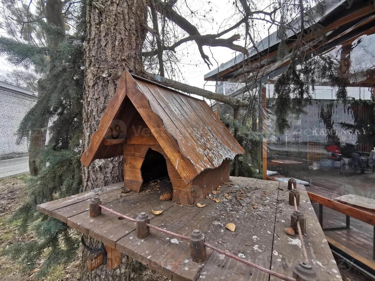 house in the forest for animals and birds. Wooden bird house in the summer park. on an tree stump. Old wooden feeder for birds on a tree, empty bird's feeder caring about wild birds in cold season. photo
