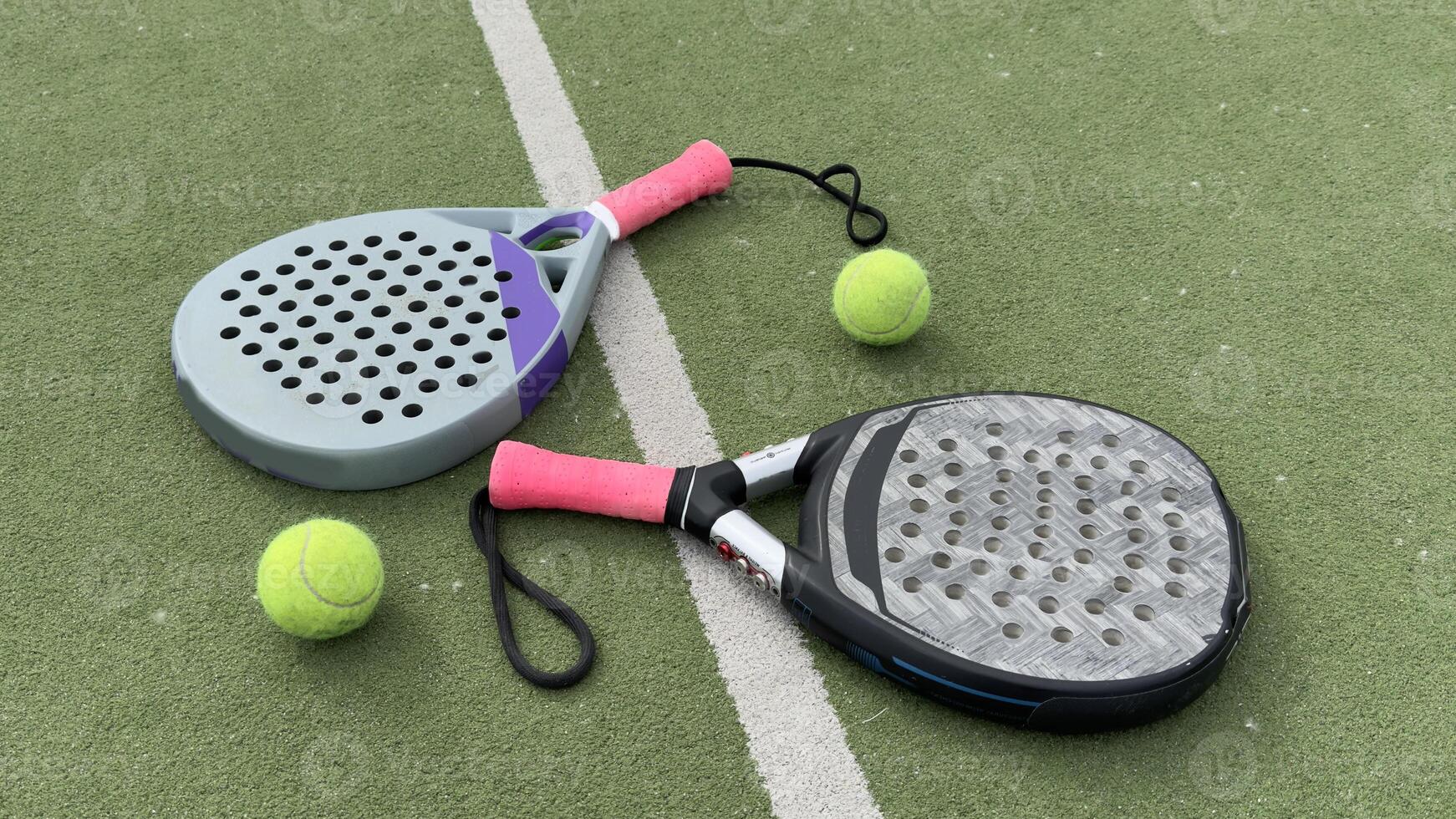 padel tennis racket sport court and balls. photo