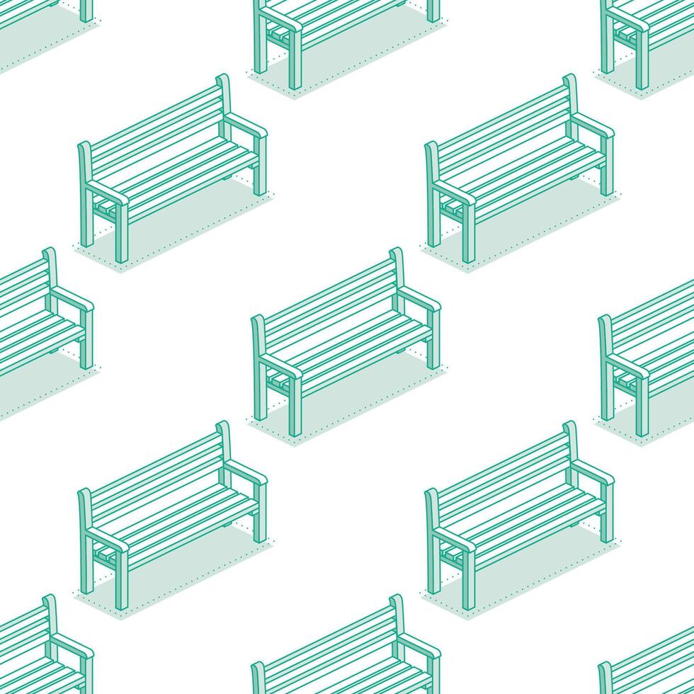 Seamless pattern with modern street bench. Isometric outline objects isolated on clean white background. Perfect for representing public spaces and urban planning. vector