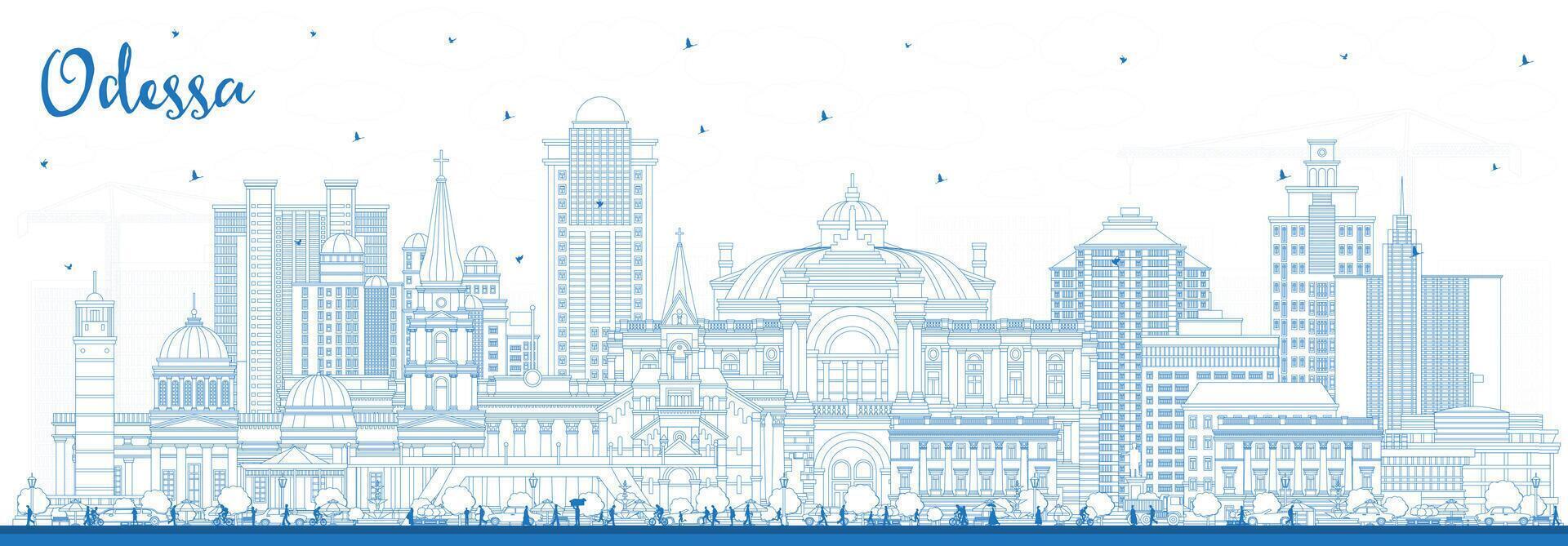 Outline Odessa city skyline with blue buildings. Odesa cityscape with landmarks. Business travel and tourism concept with modern and historic architecture. vector