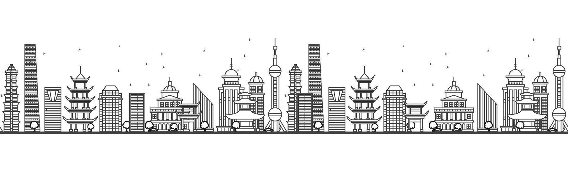 Seamless pattern with outline Shanghai China city Skyline. Modern Buildings. Shanghai cityscape with landmarks. vector