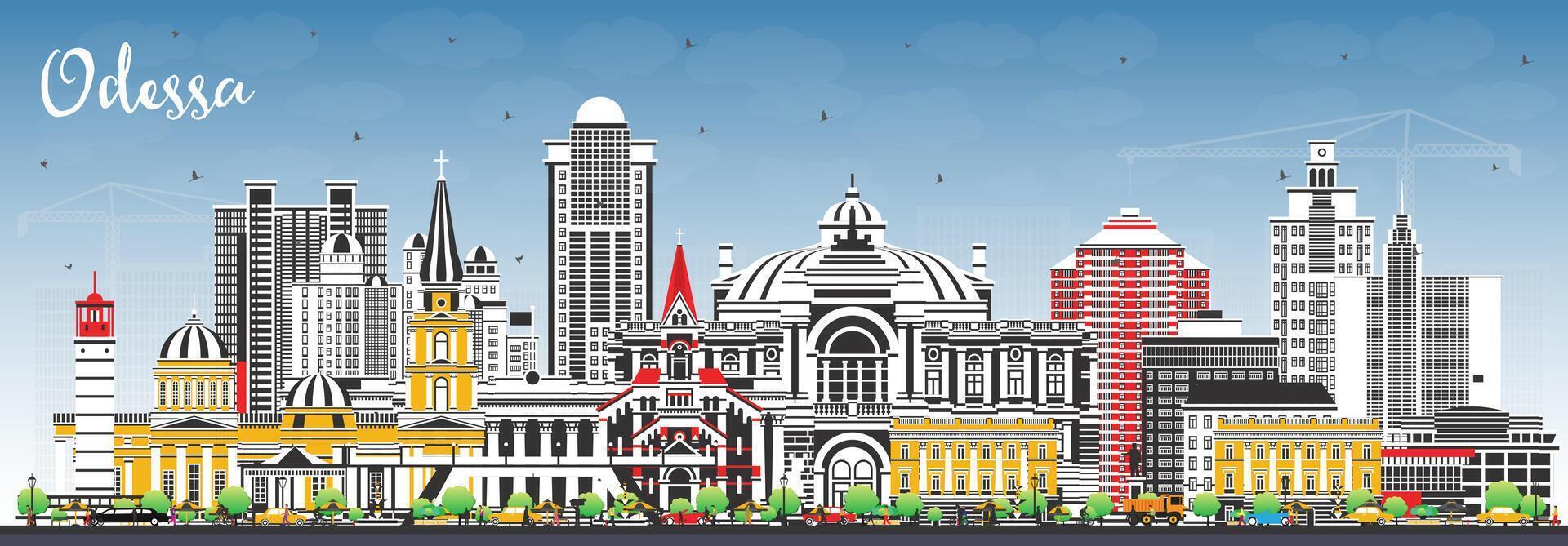 Odessa city skyline with color buildings and blue sky. Odesa cityscape with landmarks. Business travel and tourism concept with modern and historic architecture. vector