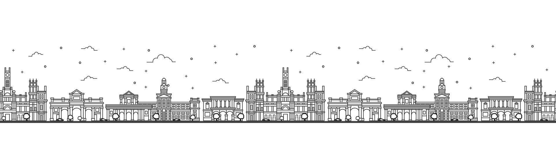 Seamless pattern with outline Madrid Spain City Skyline. Historic Buildings Isolated on White. Madrid Cityscape with Landmarks. vector