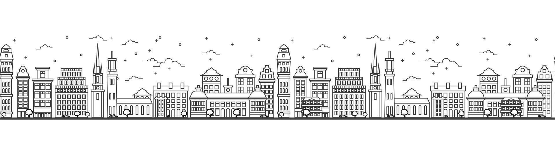 Seamless pattern with outline Stockholm Sweden City Skyline. Historic Buildings Isolated on White. Stockholm Cityscape with Landmarks. vector
