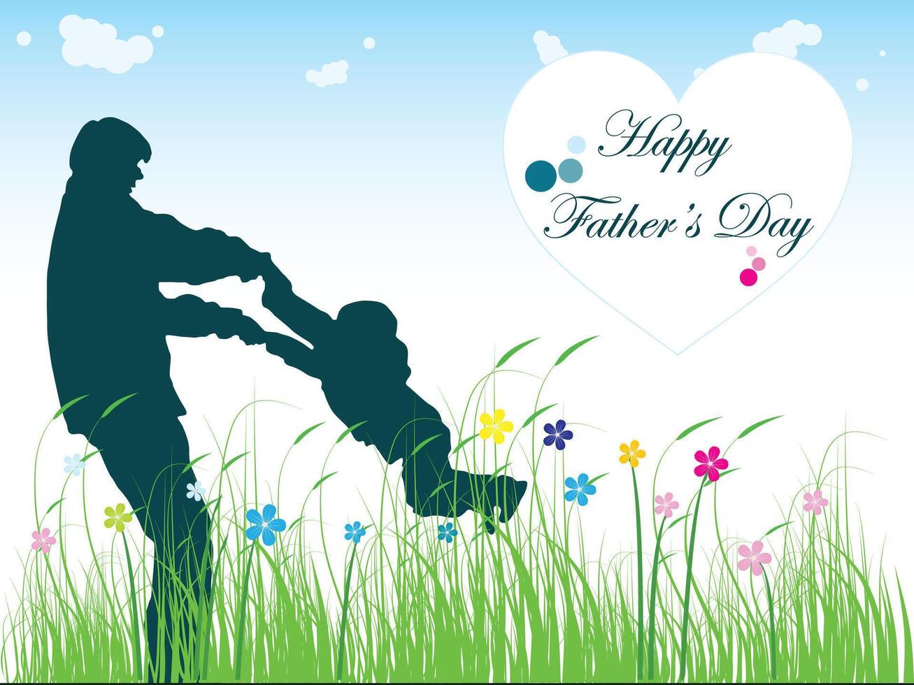 Happy Father's Day with dad and children silhouettes. greeting card vector